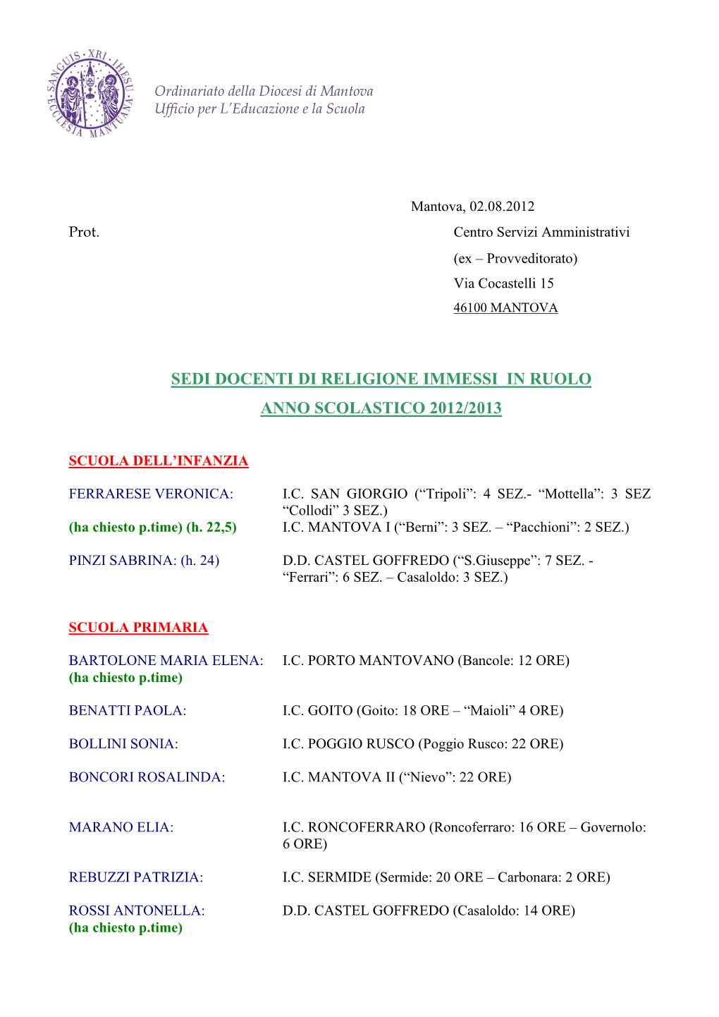 Sedi Docenti Di Religione Immessi in Ruolo Anno Scolastico 2012/2013