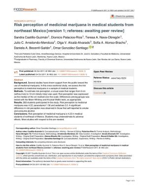 Risk Perception of Medicinal Marijuana in Medical Students from Northeast Mexico[Version 1; Referees: Awaiting Peer Review]