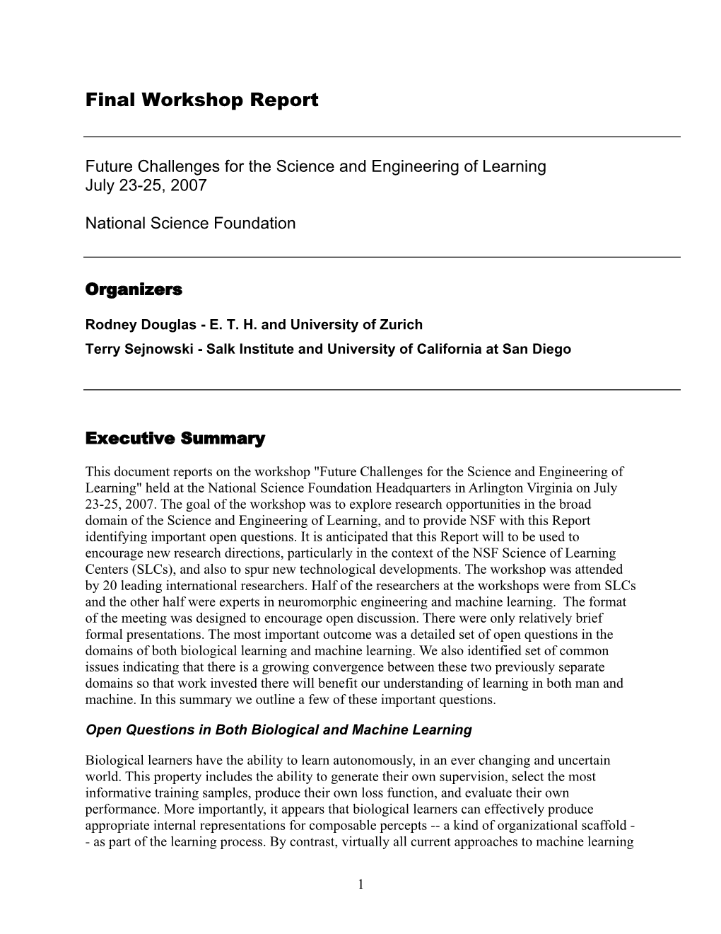 2007 NSF Workshop Report on the Science and Engineering of Learning