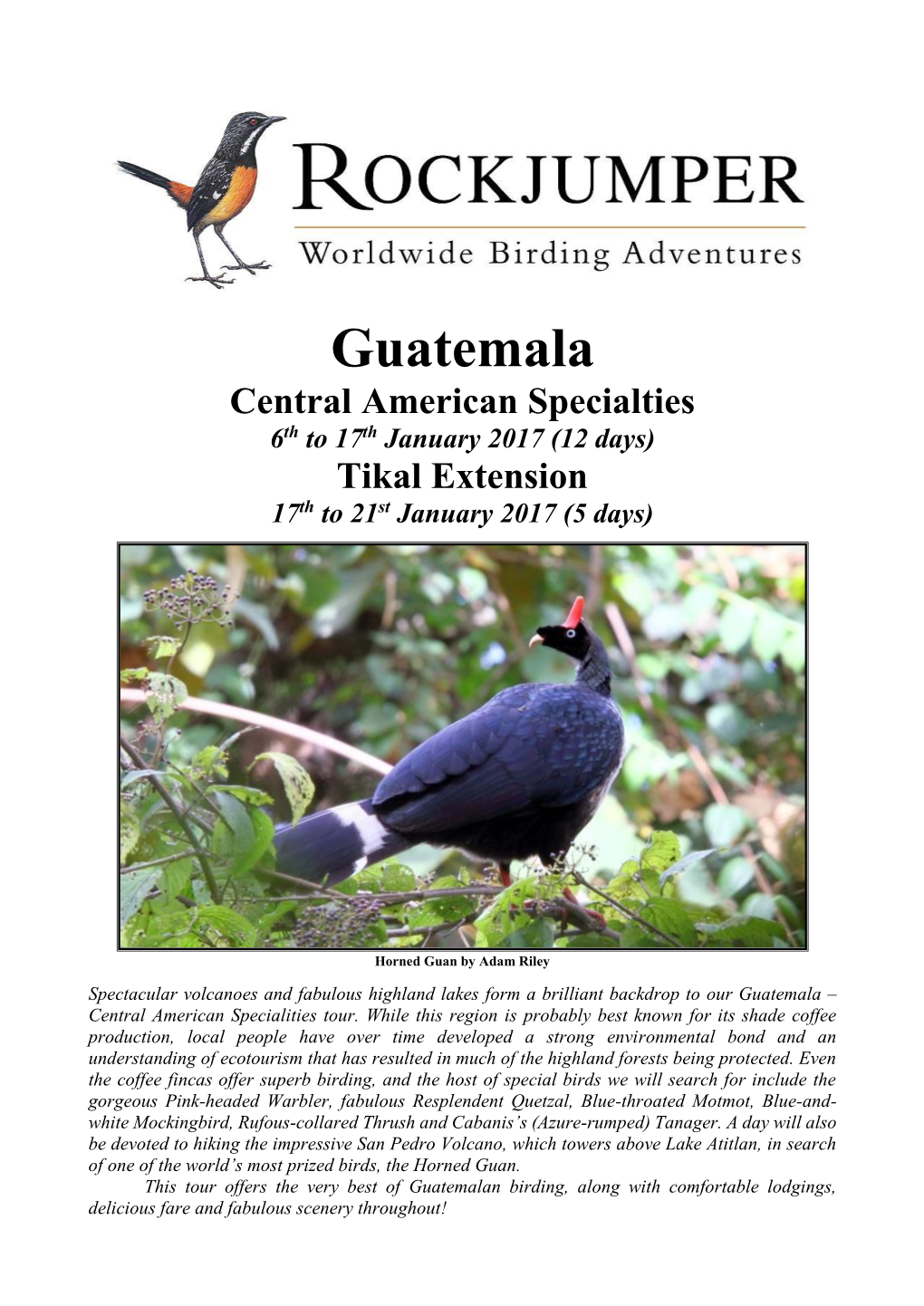 Guatemala Central American Specialties 6Th to 17Th January 2017 (12 Days) Tikal Extension 17Th to 21St January 2017 (5 Days)