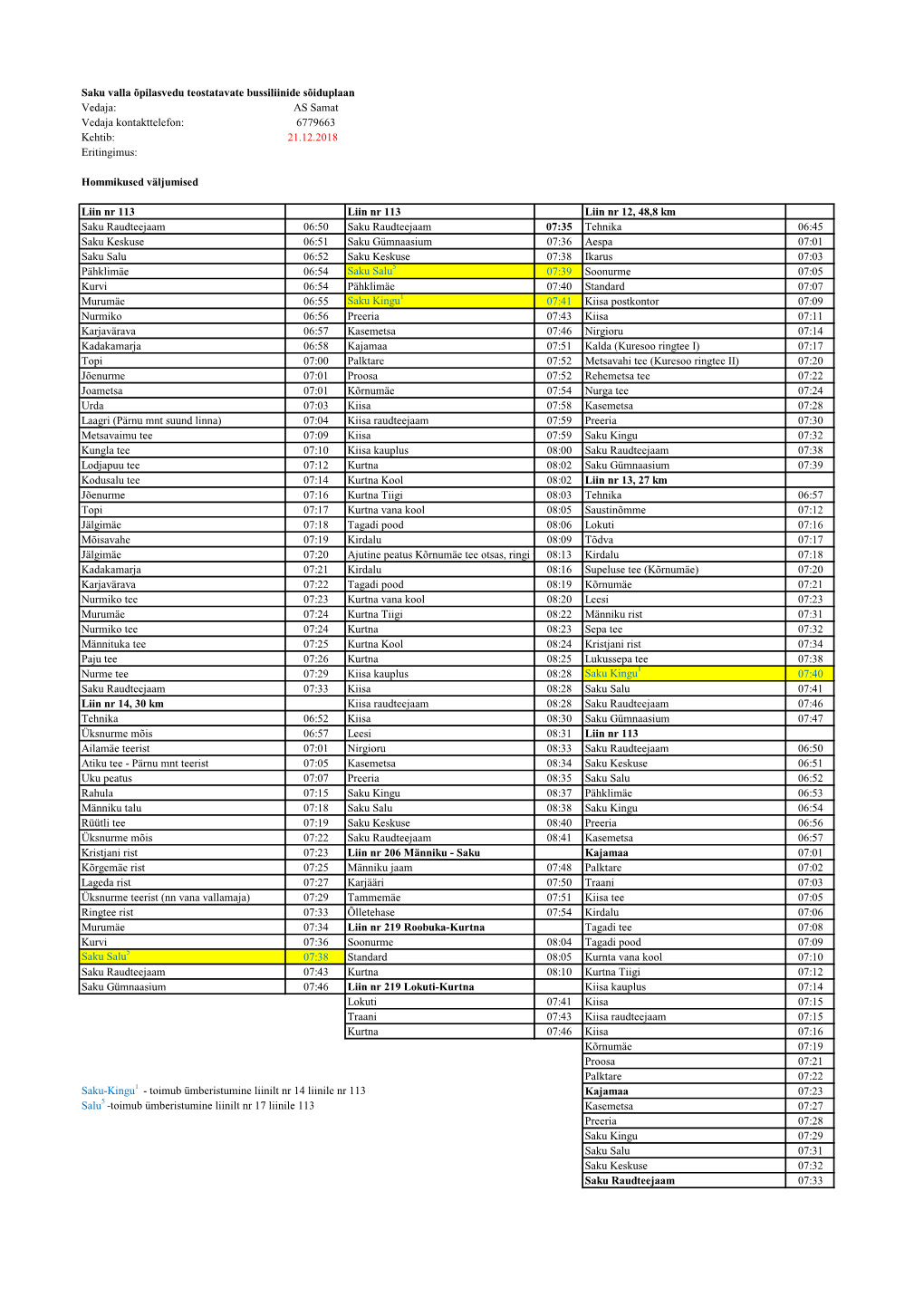 Saku Valla Õpilasvedu Teostatavate Bussiliinide Sõiduplaan Vedaja: AS Samat Vedaja Kontakttelefon: 6779663 Kehtib: 21.12.2018 Eritingimus