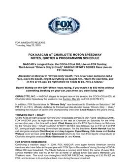 Fox Nascar at Charlotte Motor Speedway Notes, Quotes & Programming Schedule