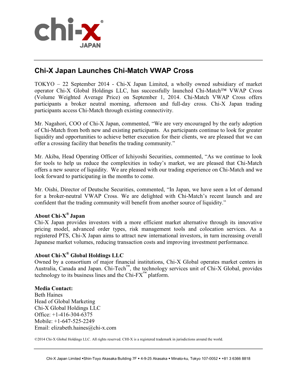 Chi-X Japan Launches Chi-Match VWAP Cross(PDF 146KB)