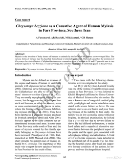 Chrysomya Bezziana As a Causative Agent of Human Myiasis in Fars Province, Southern Iran