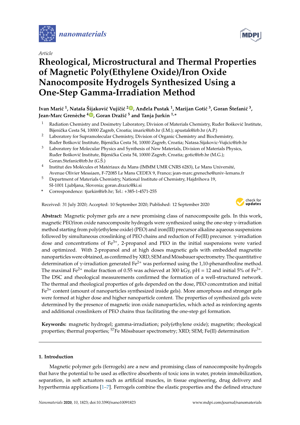 Iron Oxide Nanocomposite Hydrogels Synthesized Using a One-Step Gamma-Irradiation Method