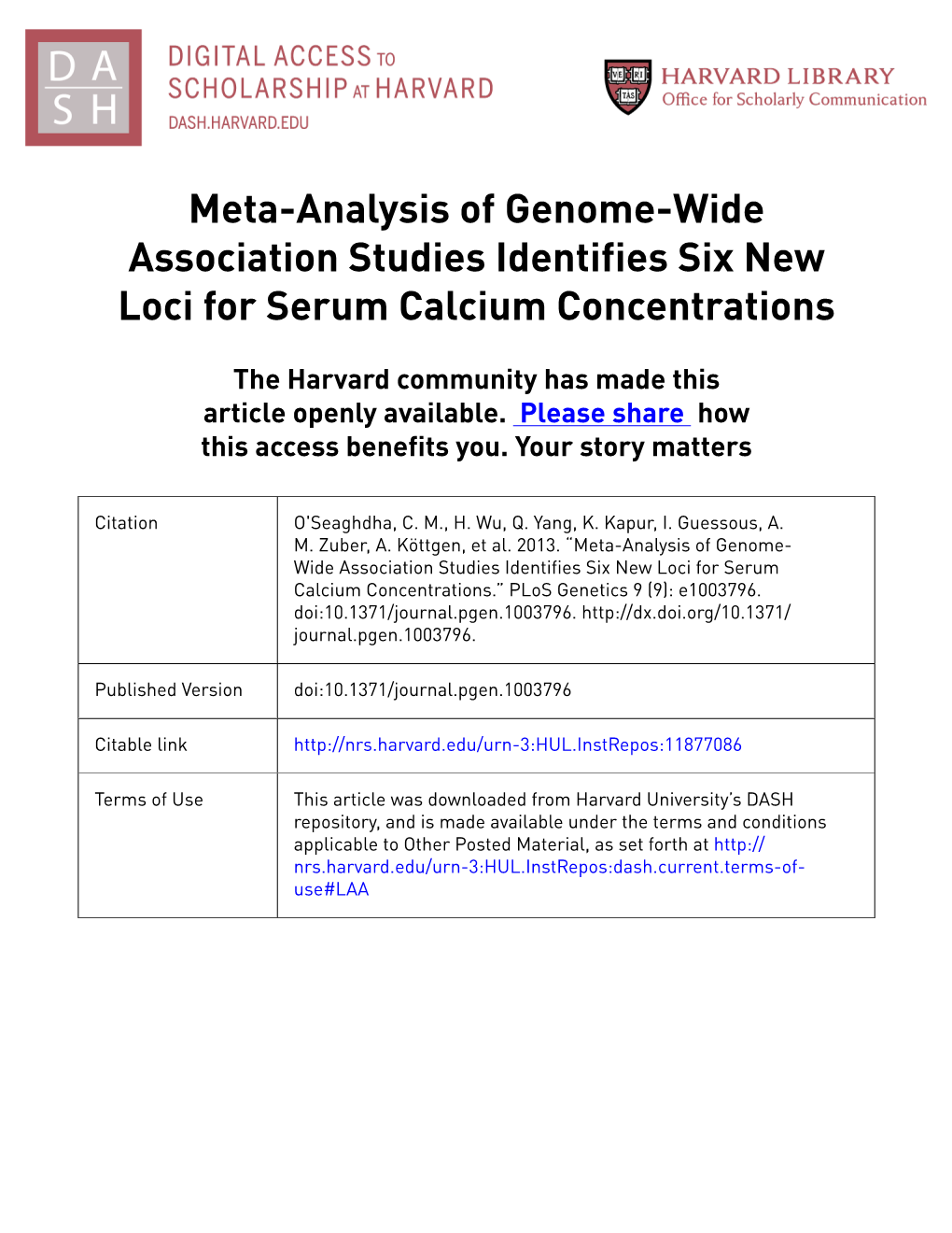 Meta-Analysis of Genome-Wide Association Studies Identifies Six New Loci for Serum Calcium Concentrations