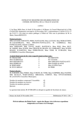 Extrait Du Registre Des Deliberations Du Conseil Municipal De La Ville D’Ajaccio