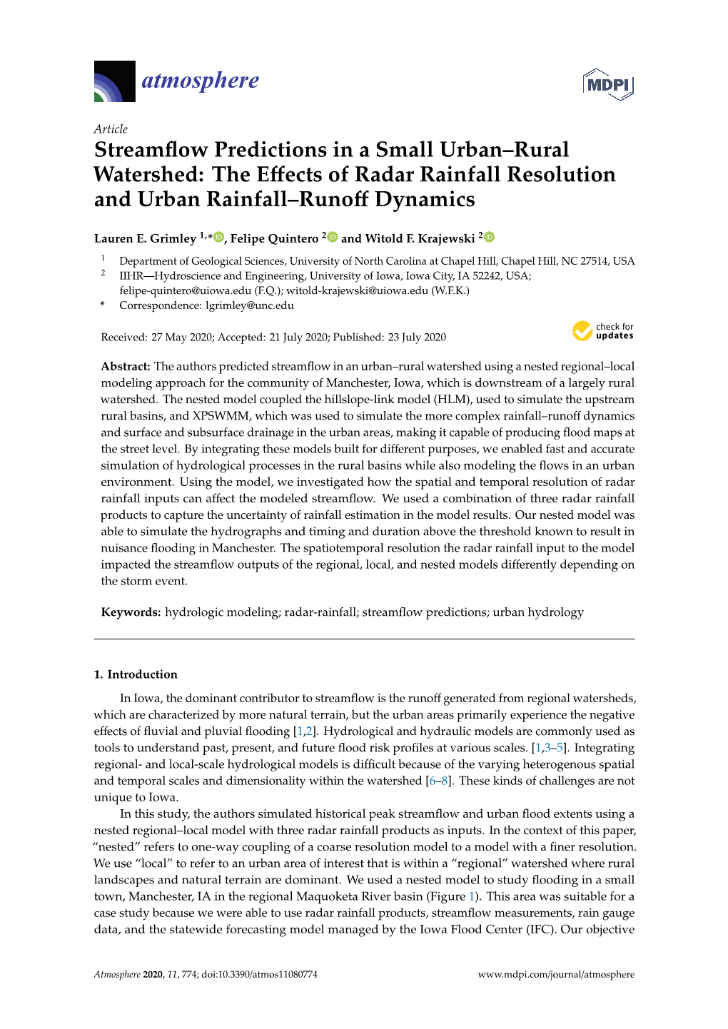 Streamflow Predictions in a Small Urban–Rural Watershed