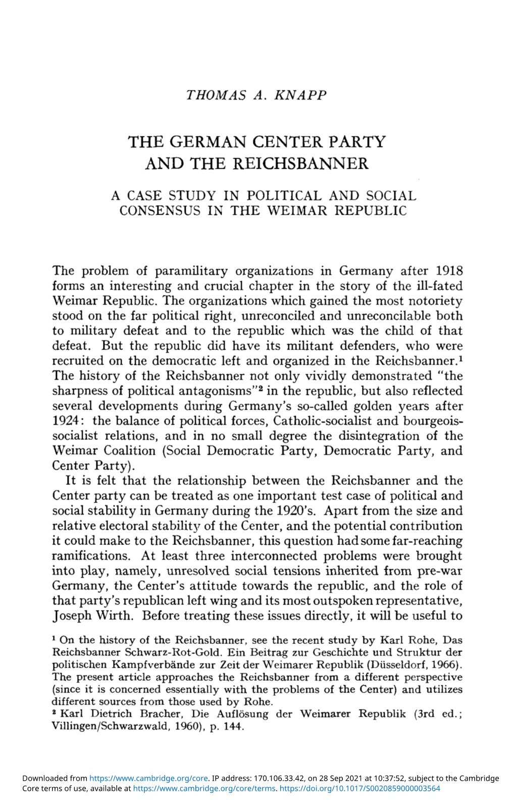 The German Center Party and the Reichsbanner
