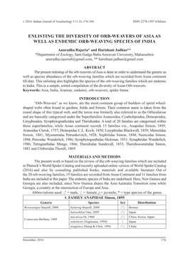 Enlisting the Diversity of Orb-Weavers of Asia As Well As Endemic Orb-Weaving Species of India