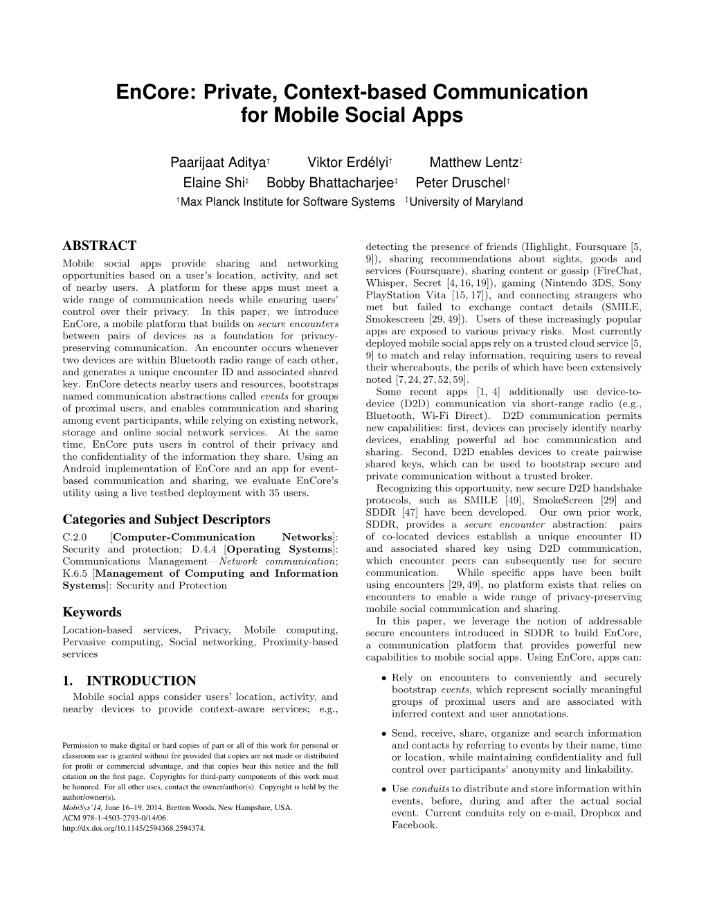Encore: Private, Context-Based Communication for Mobile Social Apps