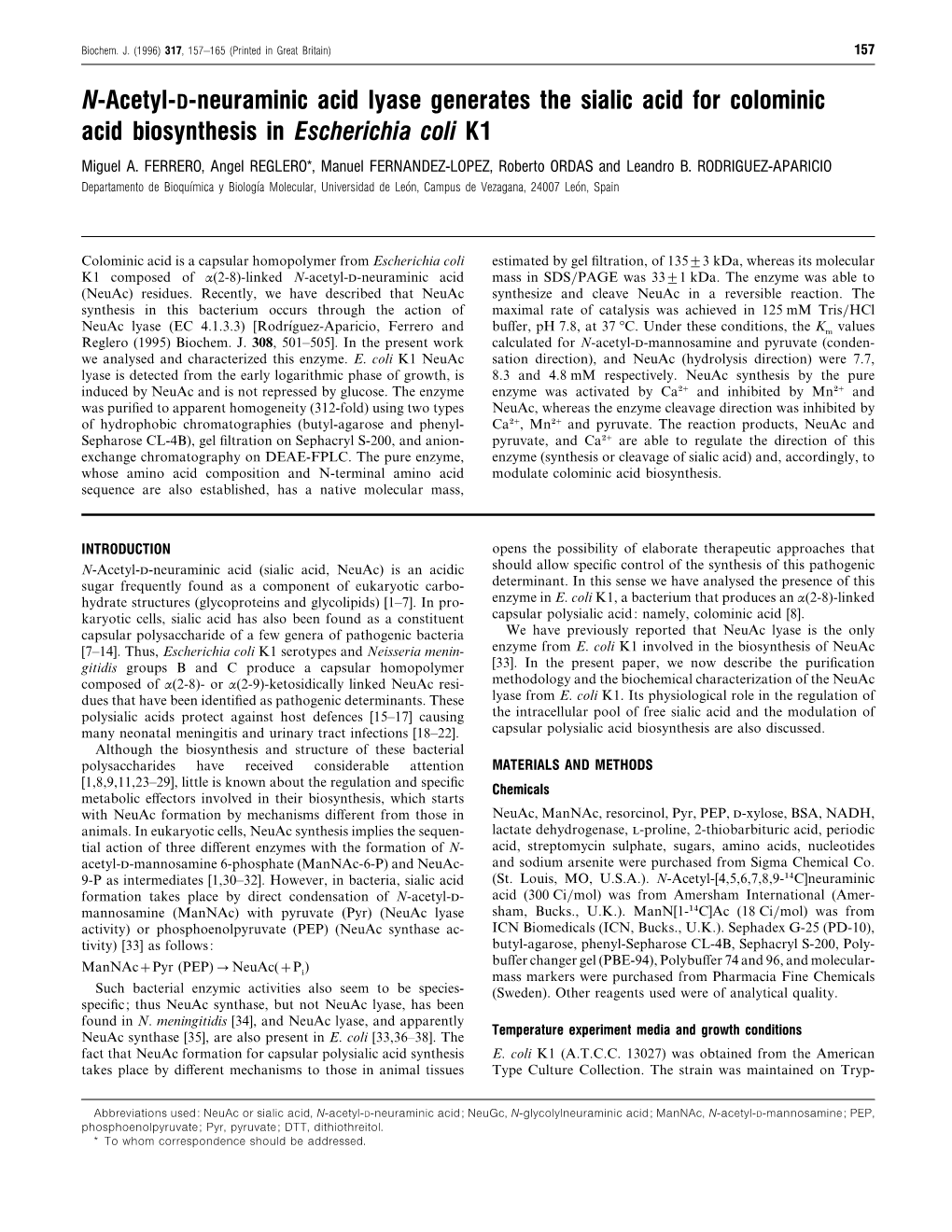 N-Acetyl-D-Neuraminic Acid Lyase Generates the Sialic Acid for Colominic Acid Biosynthesis in Escherichia Coli K1 Miguel A