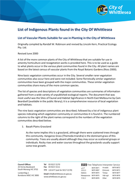 List of Indigenous Plants Found in the City of Whittlesea