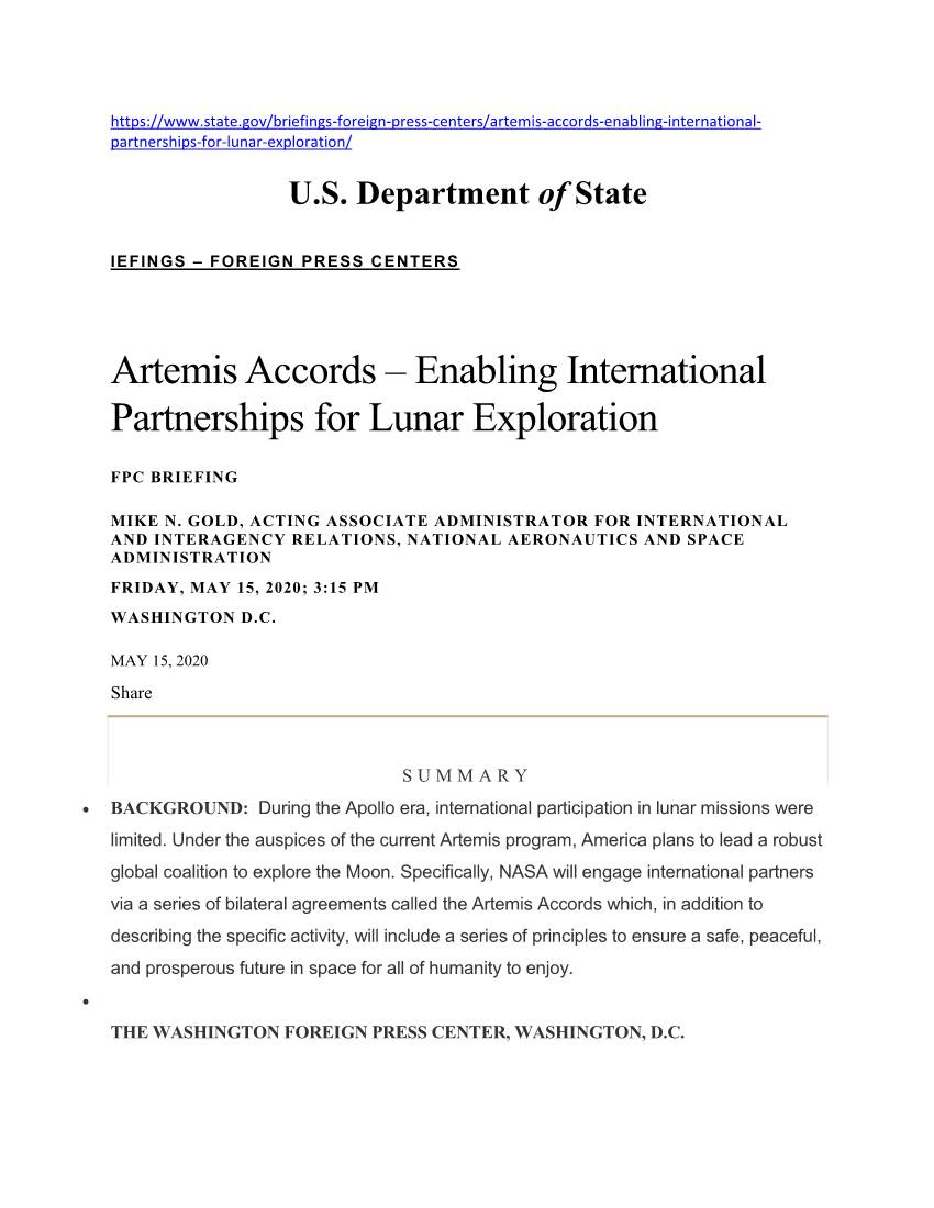 Artemis Accords – Enabling International Partnerships for Lunar Exploration
