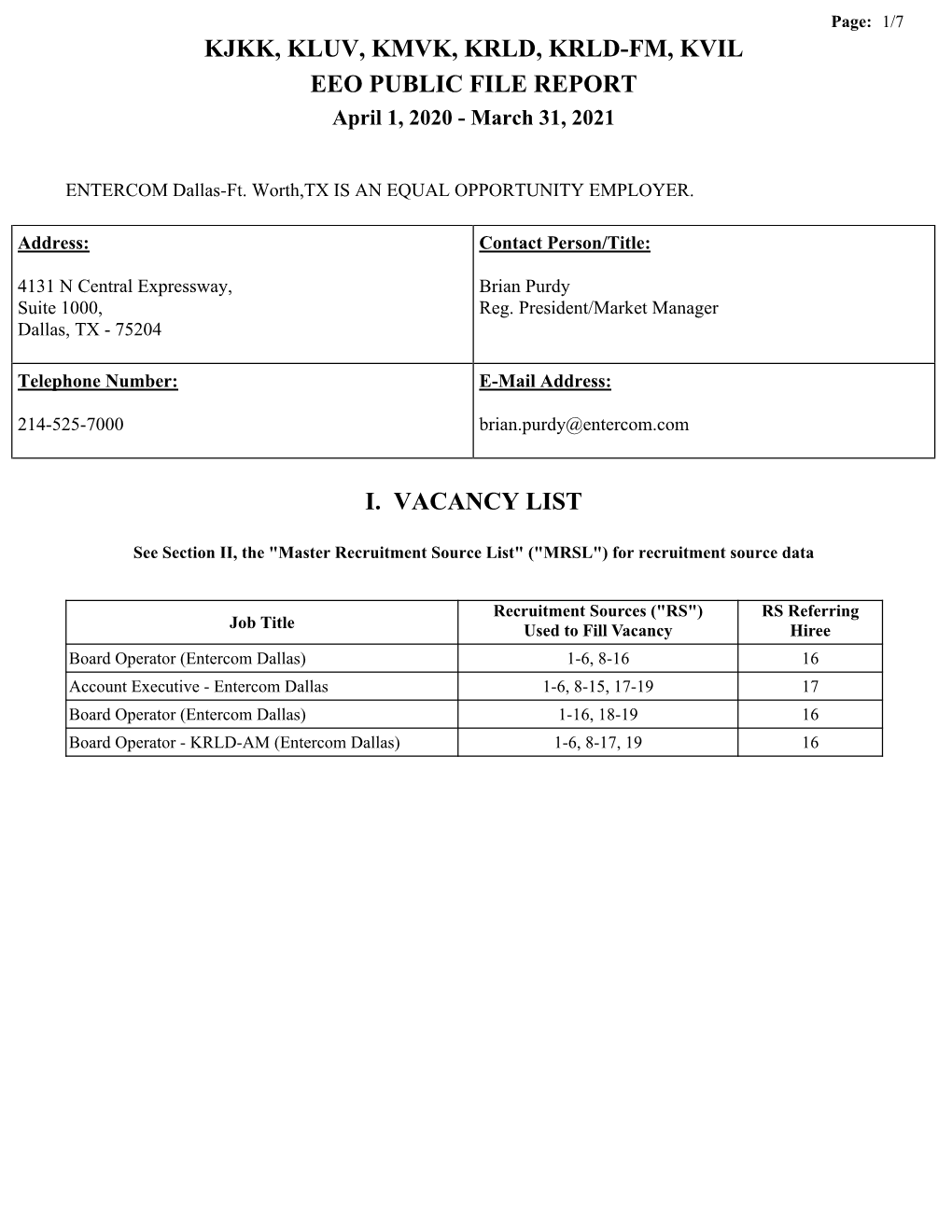 KJKK, KLUV, KMVK, KRLD, KRLD-FM, KVIL EEO PUBLIC FILE REPORT April 1, 2020 - March 31, 2021