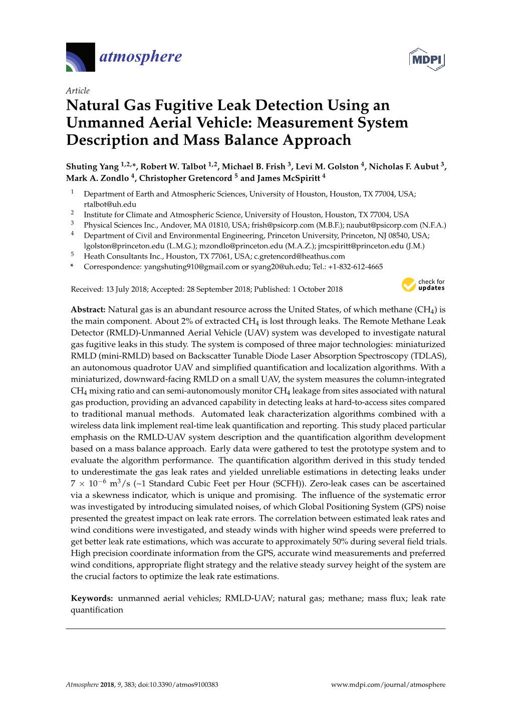 Natural Gas Fugitive Leak Detection Using an Unmanned Aerial Vehicle: Measurement System Description and Mass Balance Approach