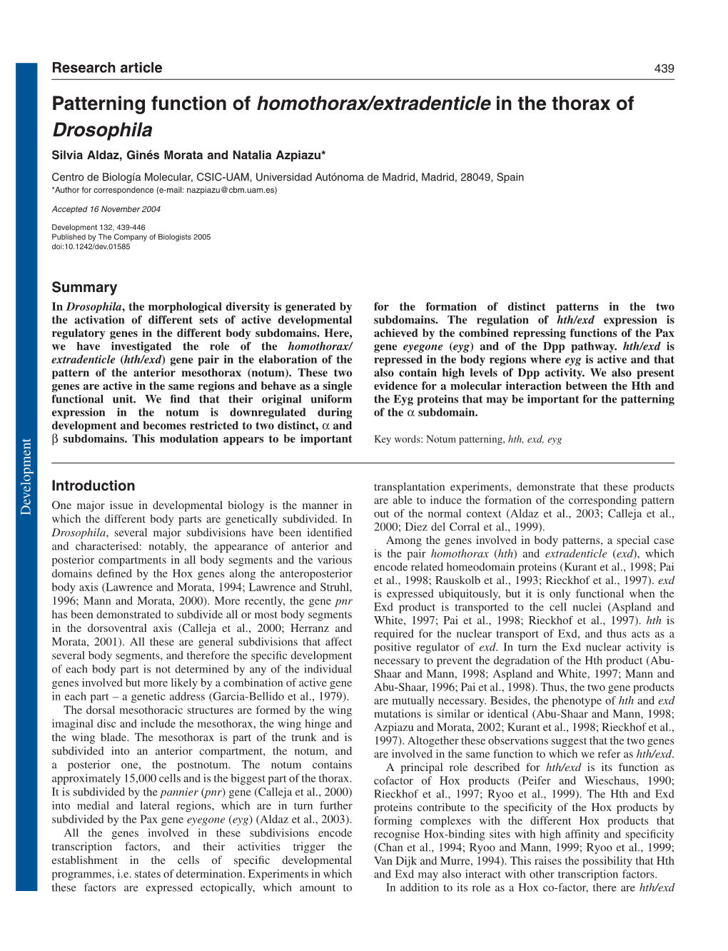 Patterning Function of Homothorax/Extradenticle in the Thorax of Drosophila