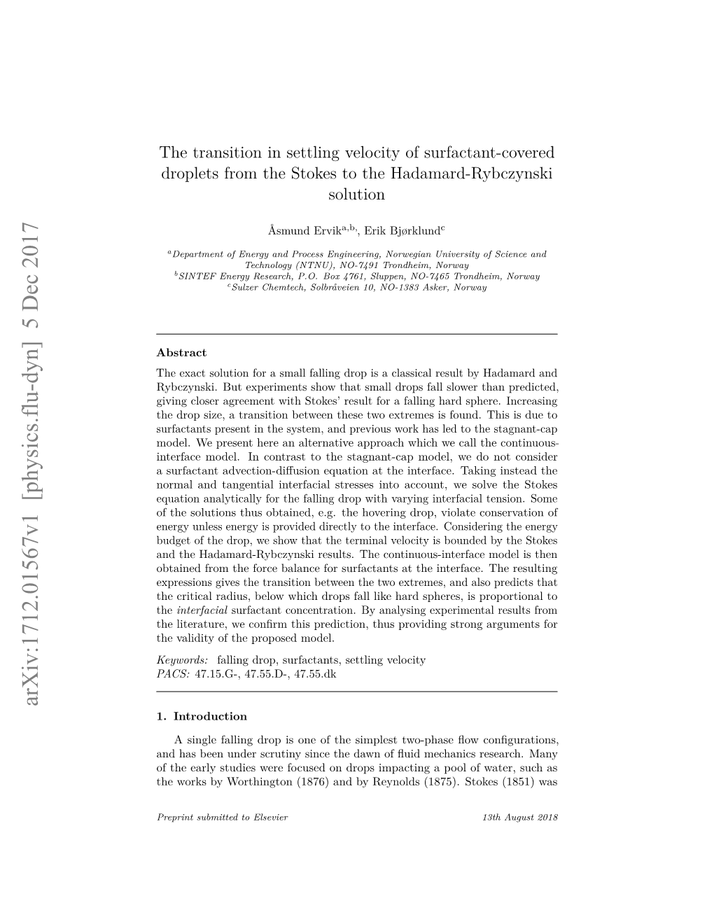 The Transition in Settling Velocity of Surfactant-Covered Droplets from the Stokes to the Hadamard-Rybczynski Solution