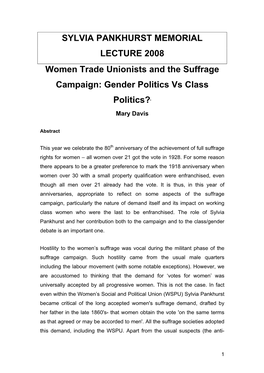 Women Trade Unionists and the Suffrage Campaign: Gender Politics Vs Class