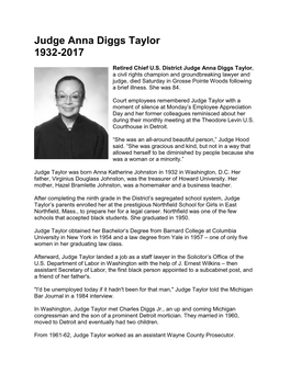 Judge Anna Diggs Taylor 1932-2017