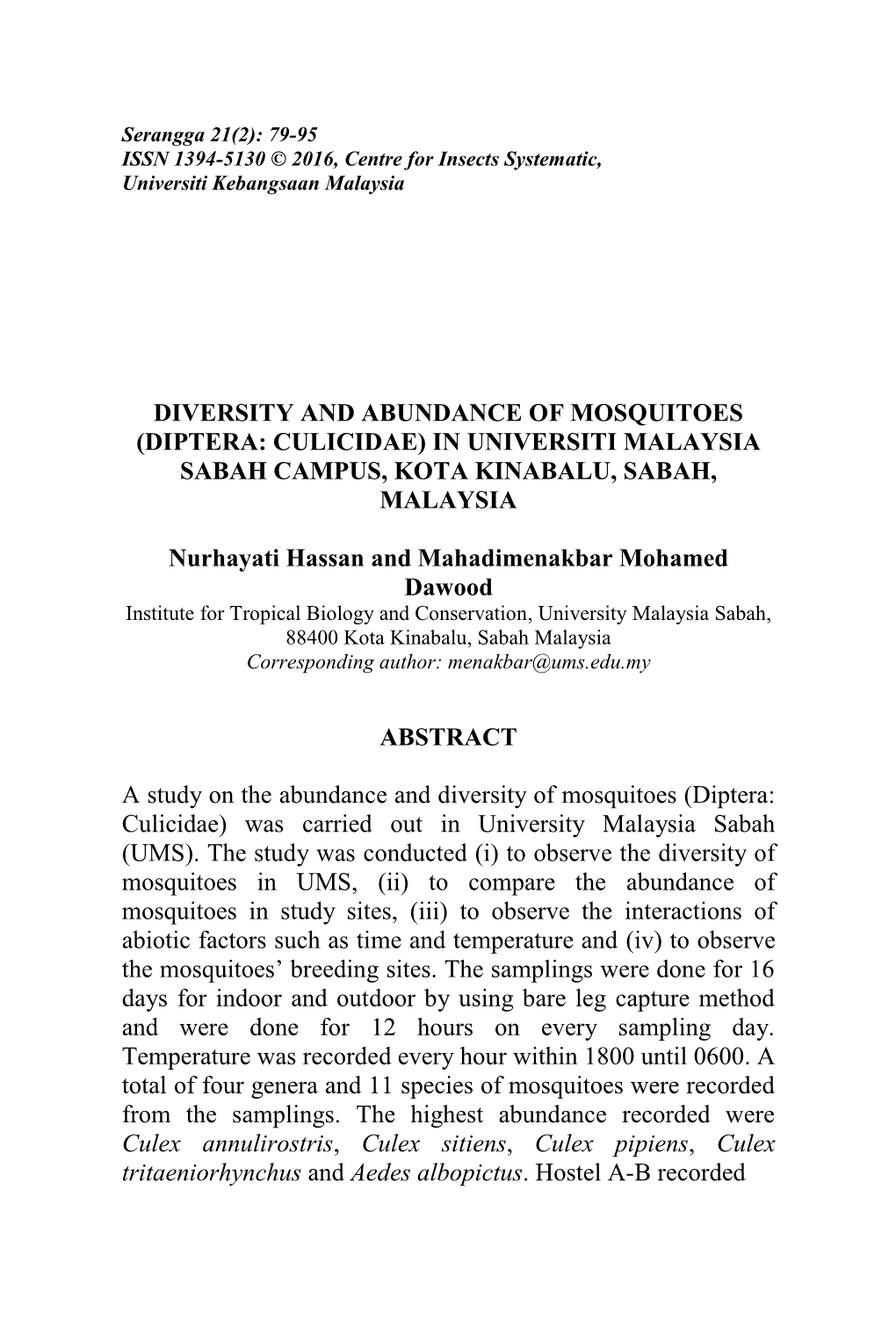 (Diptera: Culicidae) in Universiti Malaysia Sabah Campus, Kota Kinabalu, Sabah, Malaysia