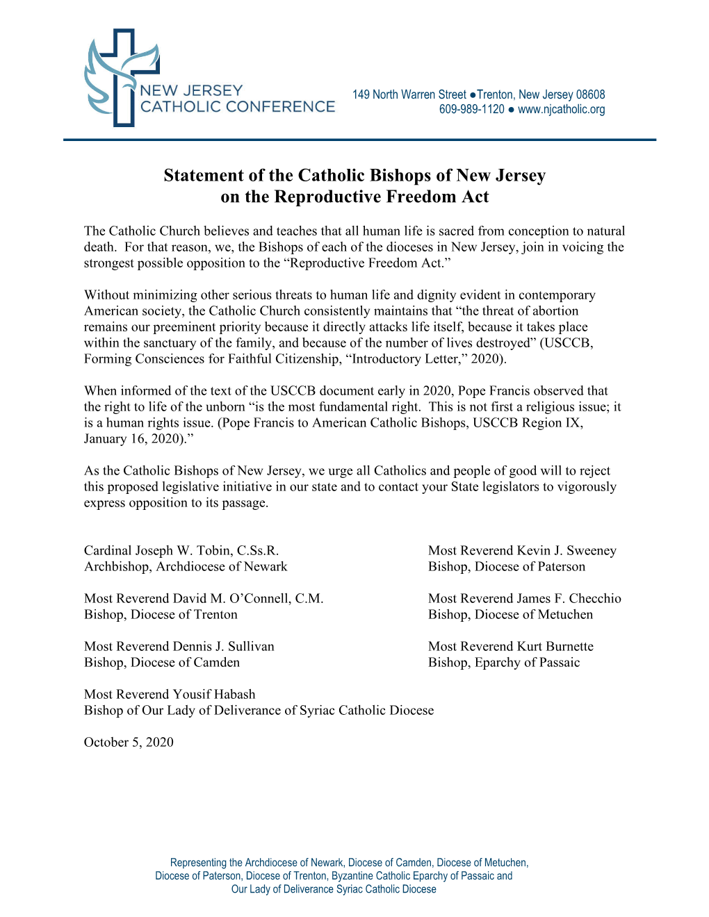 Statement of the Catholic Bishops of New Jersey on the Reproductive Freedom Act