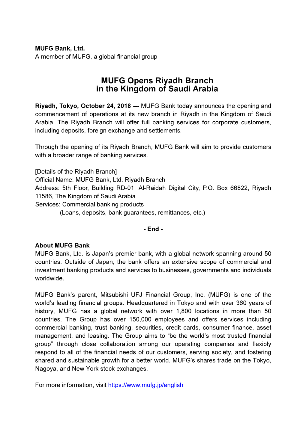 MUFG Opens Riyadh Branch in the Kingdom of Saudi Arabia