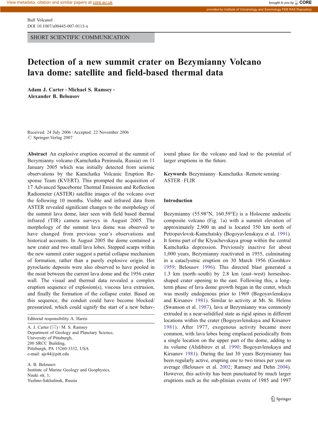 Detection of a New Summit Crater on Bezymianny Volcano Lava Dome: Satellite and Field-Based Thermal Data