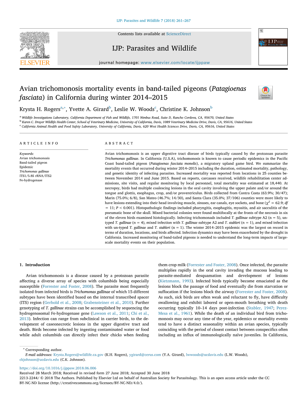 Avian Trichomonosis Mortality Events in Band-Tailed Pigeons (Patagioenas Fasciata) in California During Winter 2014–2015 T