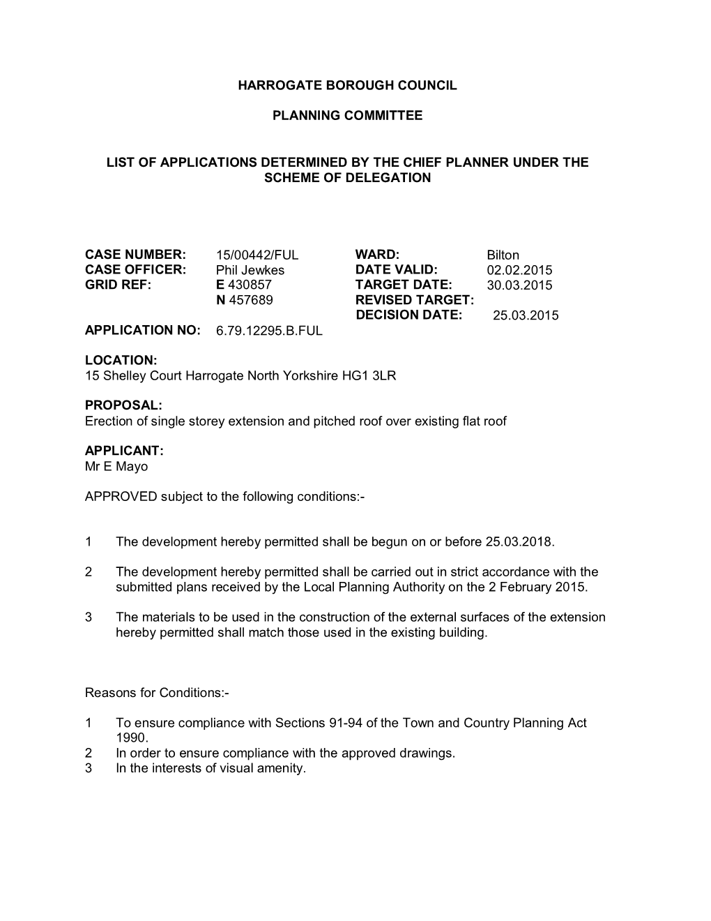 Harrogate Borough Council Planning Committee List of Applications Determined by the Chief Planner Under the Scheme of Delegation