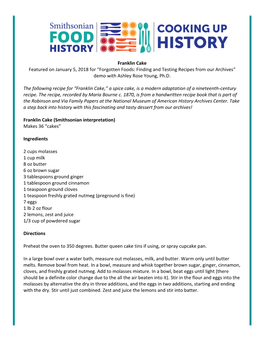 Franklin Cake Featured on January 5, 2018 for “Forgotten Foods: Finding and Testing Recipes from Our Archives” Demo with Ashley Rose Young, Ph.D