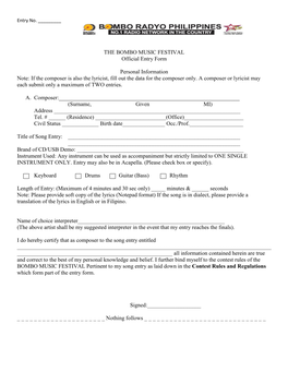 THE BOMBO MUSIC FESTIVAL Official Entry Form