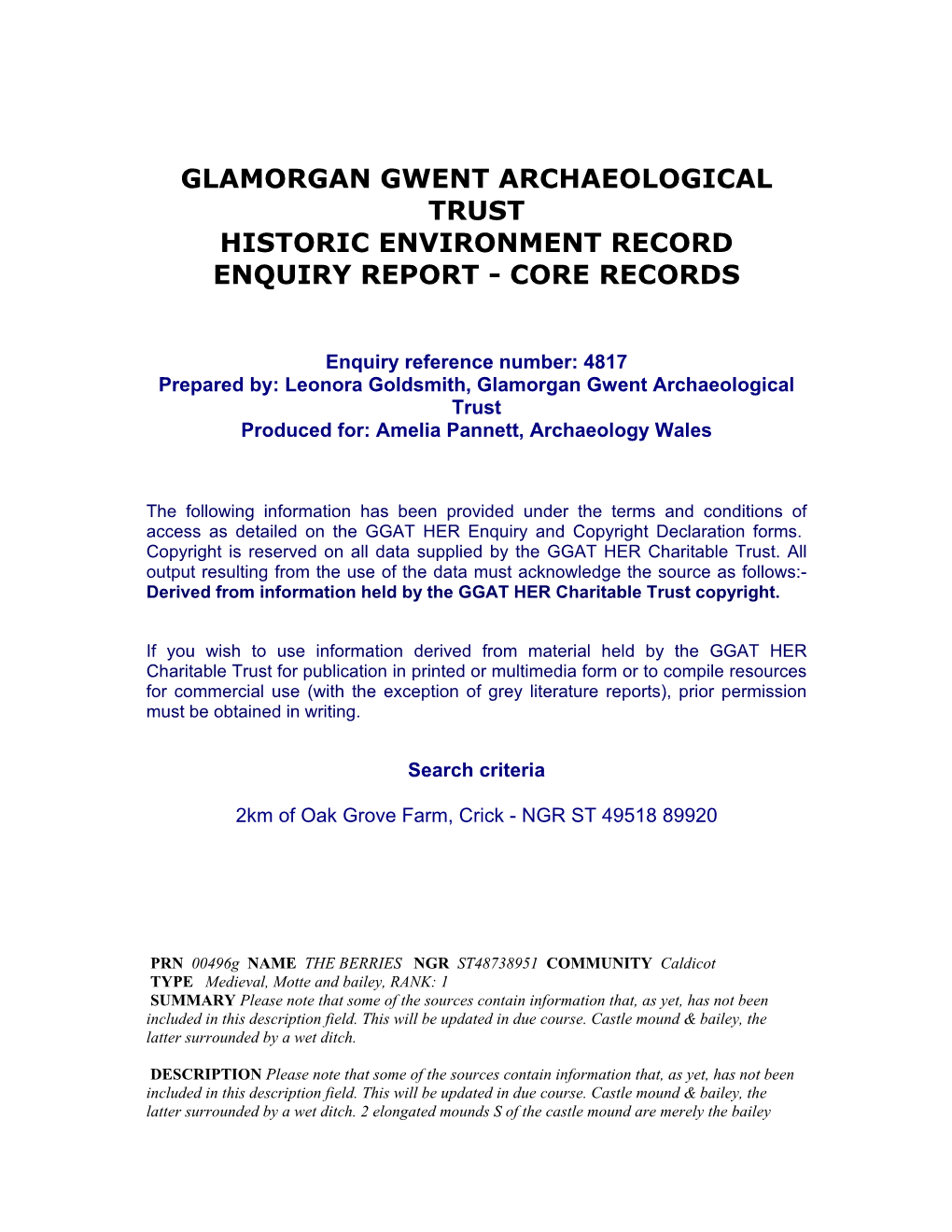 Glamorgan Gwent Archaeological Trust Historic Environment Record Enquiry Report - Core Records