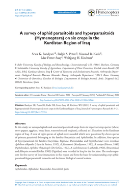 A Survey of Aphid Parasitoids and Hyperparasitoids (Hymenoptera) on Six Crops in the Kurdistan Region of Iraq