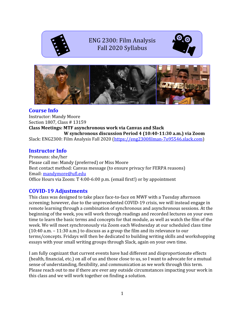 ENG 2300: Film Analysis Fall 2020 Syllabus