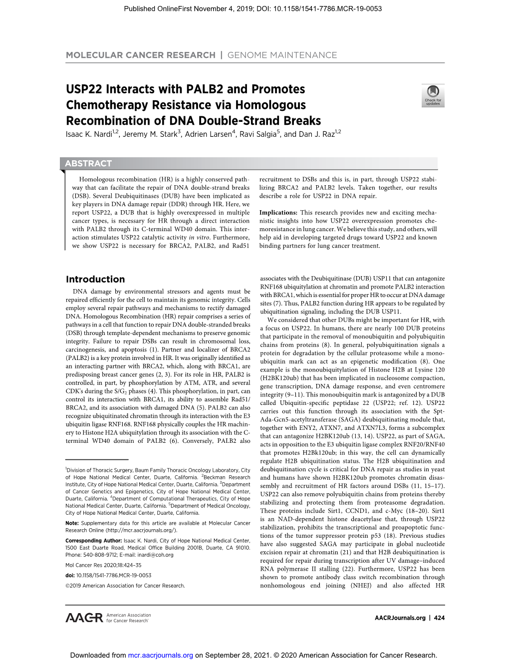 USP22 Interacts with PALB2 and Promotes Chemotherapy Resistance Via Homologous Recombination of DNA Double-Strand Breaks Isaac K