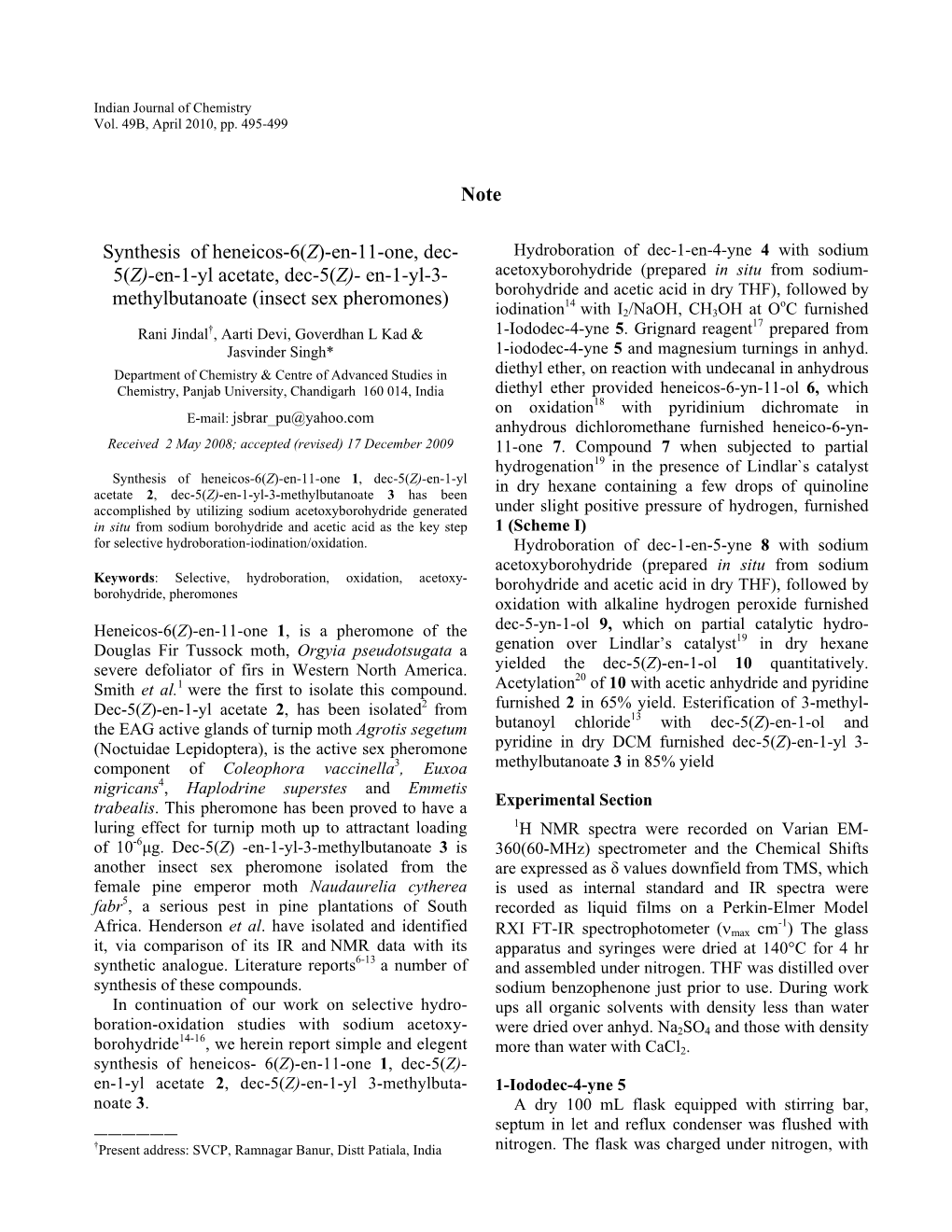 Note Synthesis of Heneicos-6(Z)-En-11-One, Dec- 5(Z)