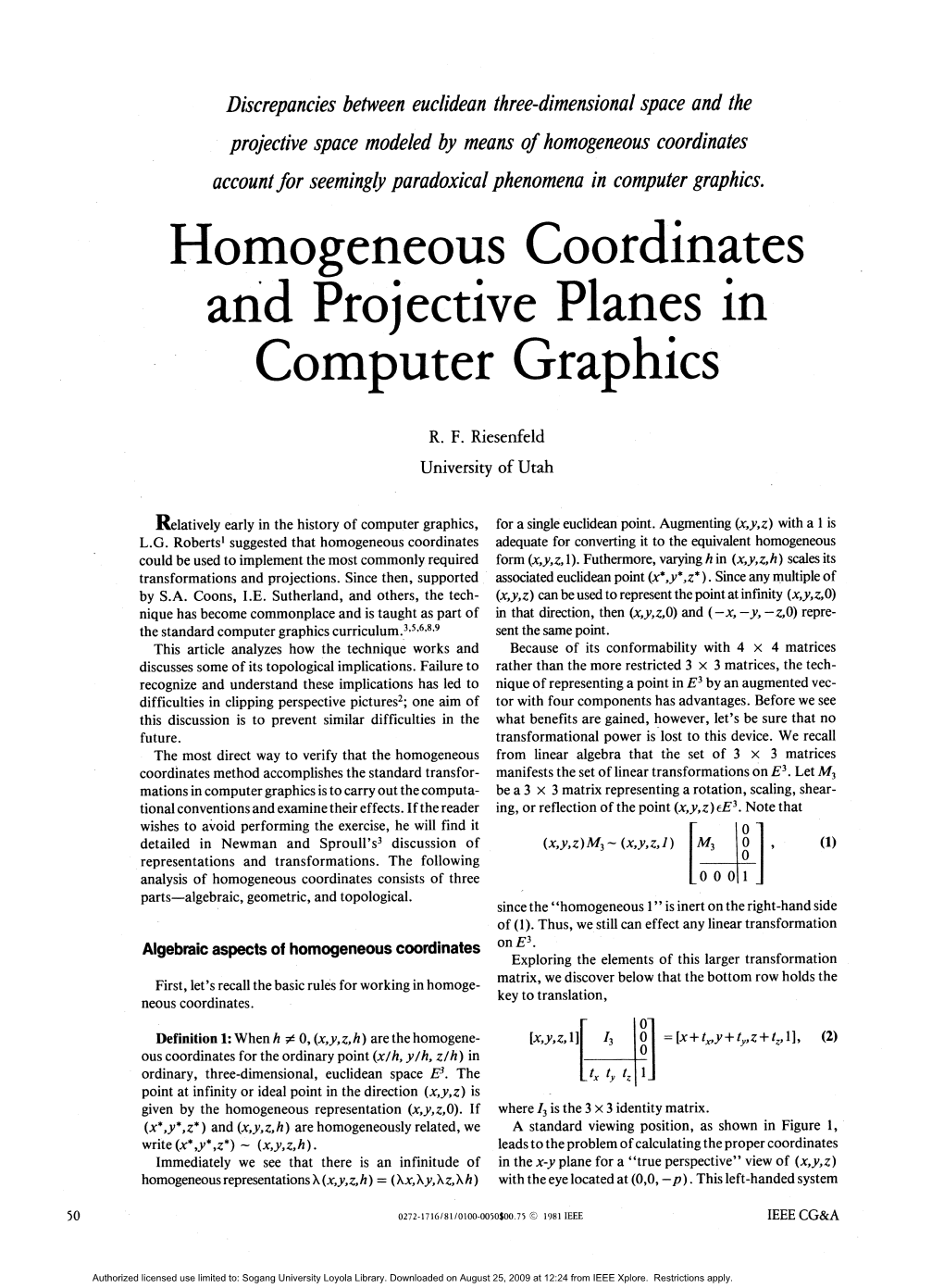 Homogeneous Coordinates and Projective Planes in - Computer Graphics