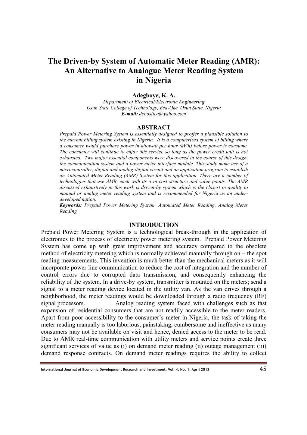 The Driven-By System of Automatic Meter Reading (AMR): an Alternative to Analogue Meter Reading System in Nigeria