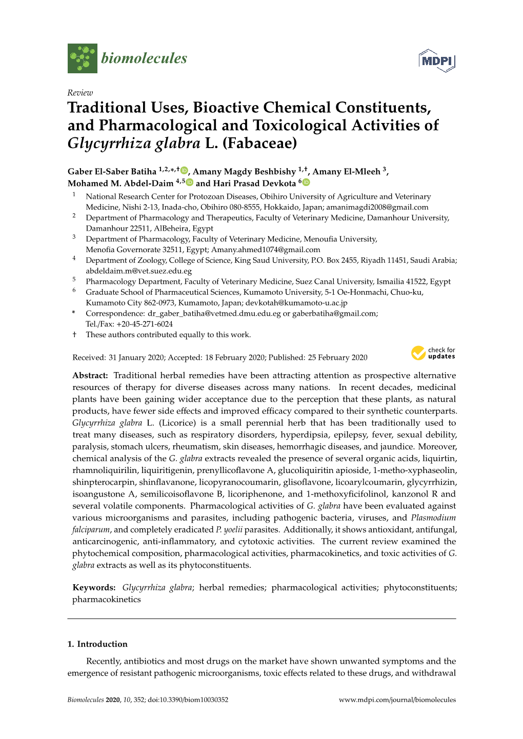 Traditional Uses, Bioactive Chemical Constituents, and Pharmacological and Toxicological Activities of Glycyrrhiza Glabra L. (Fabaceae)