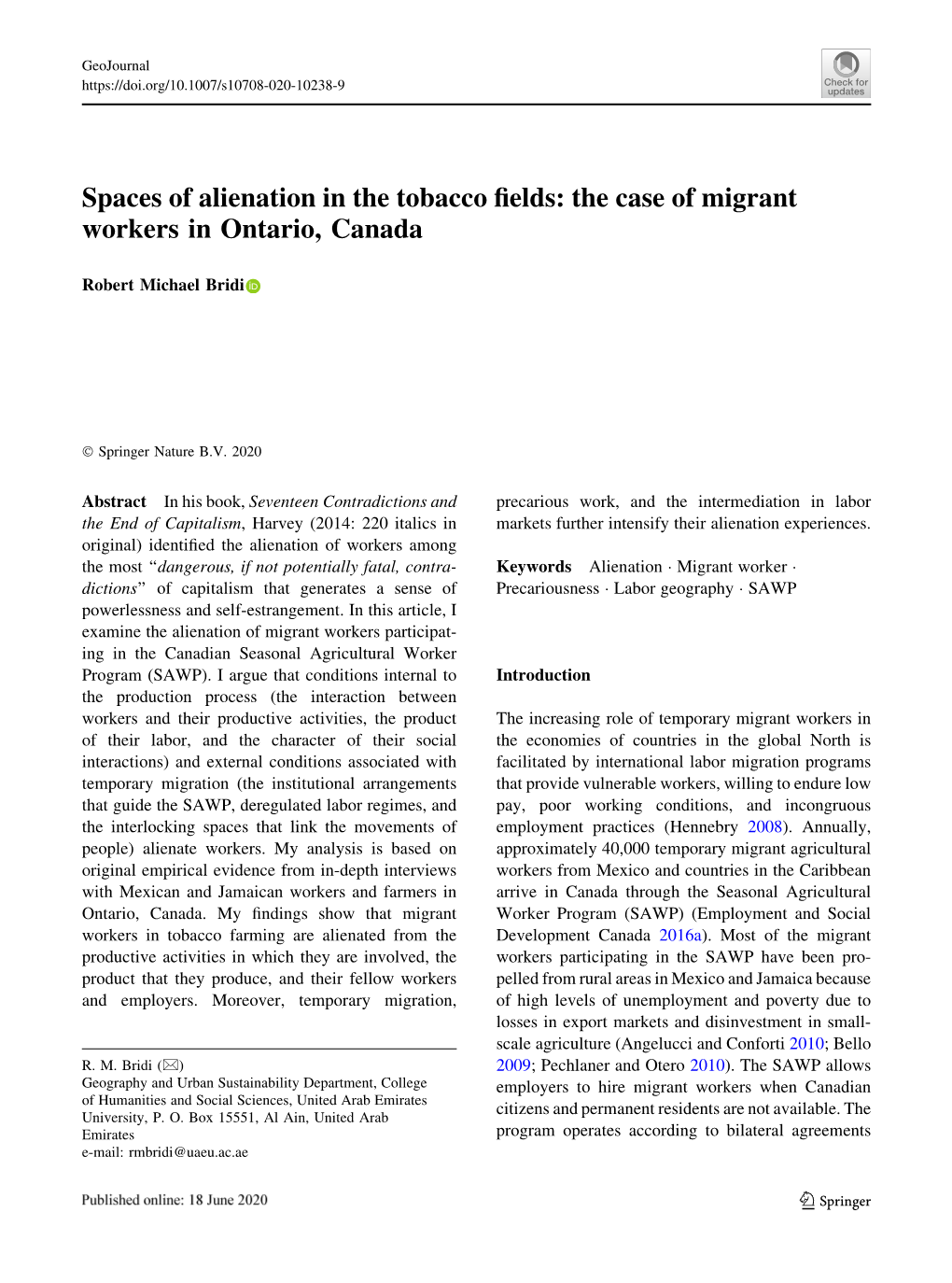 Spaces of Alienation in the Tobacco Fields: the Case of Migrant Workers