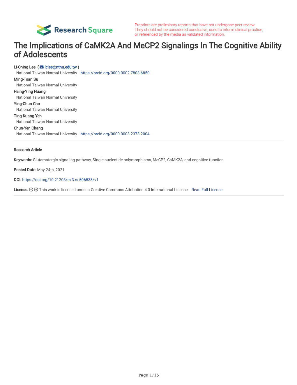The Implications of Camk2a and Mecp2 Signalings in the Cognitive Ability of Adolescents