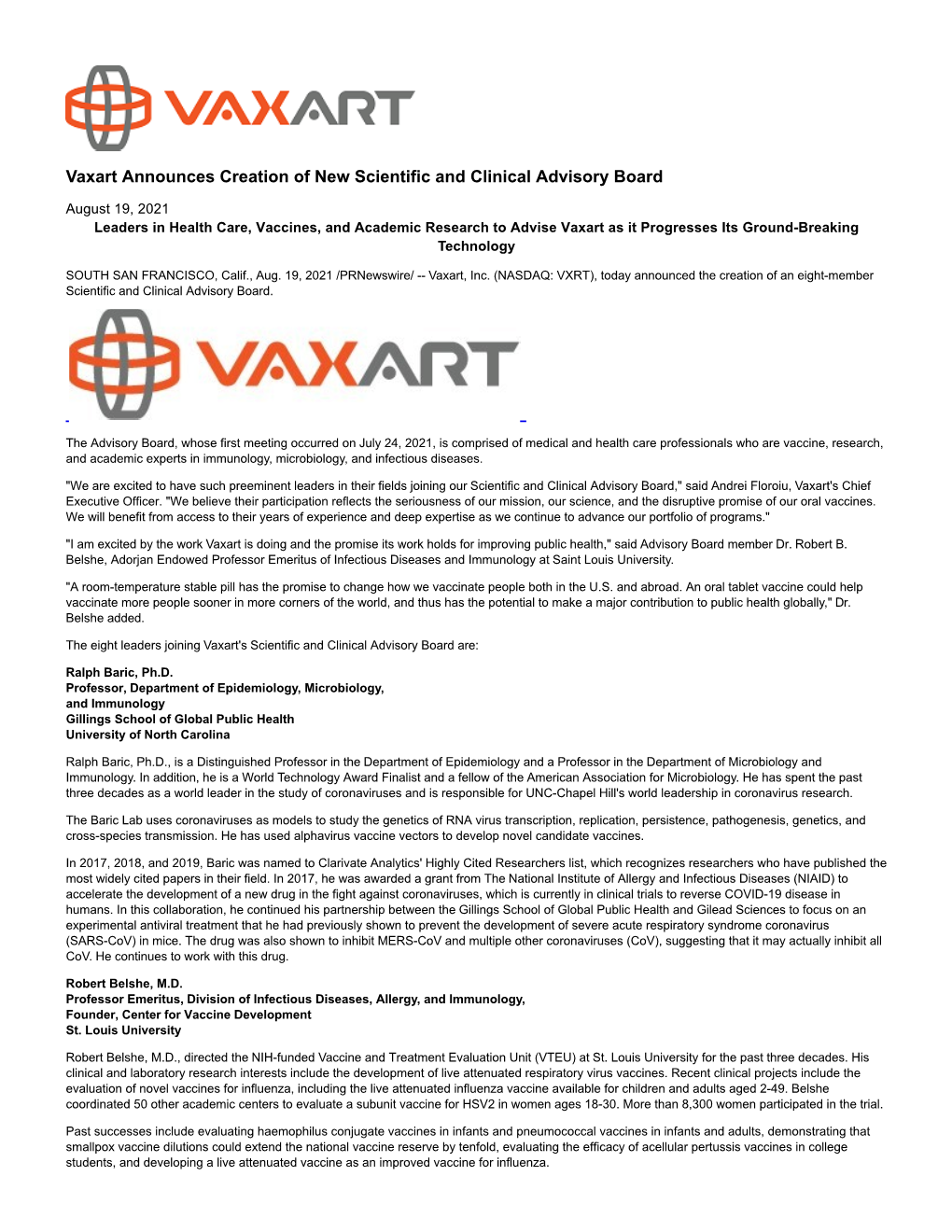 Vaxart Announces Creation of New Scientific and Clinical Advisory Board