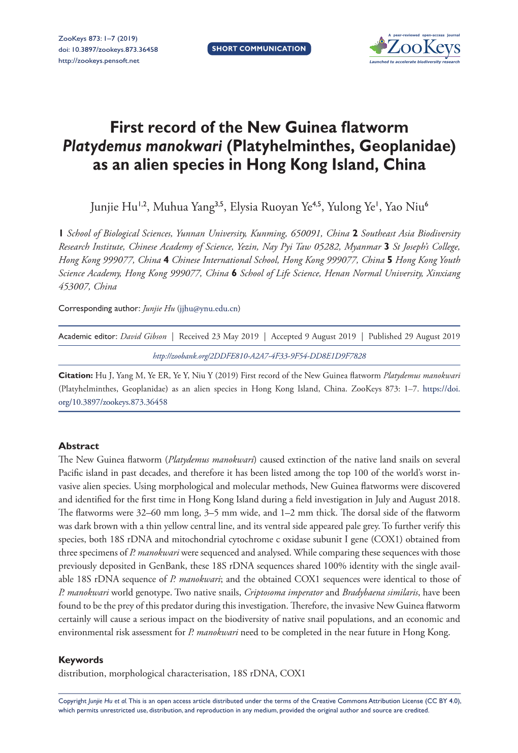 First Record of the New Guinea Flatworm Platydemus Manokwari (Platyhelminthes, Geoplanidae) As an Alien Species in Hong Kong Island, China