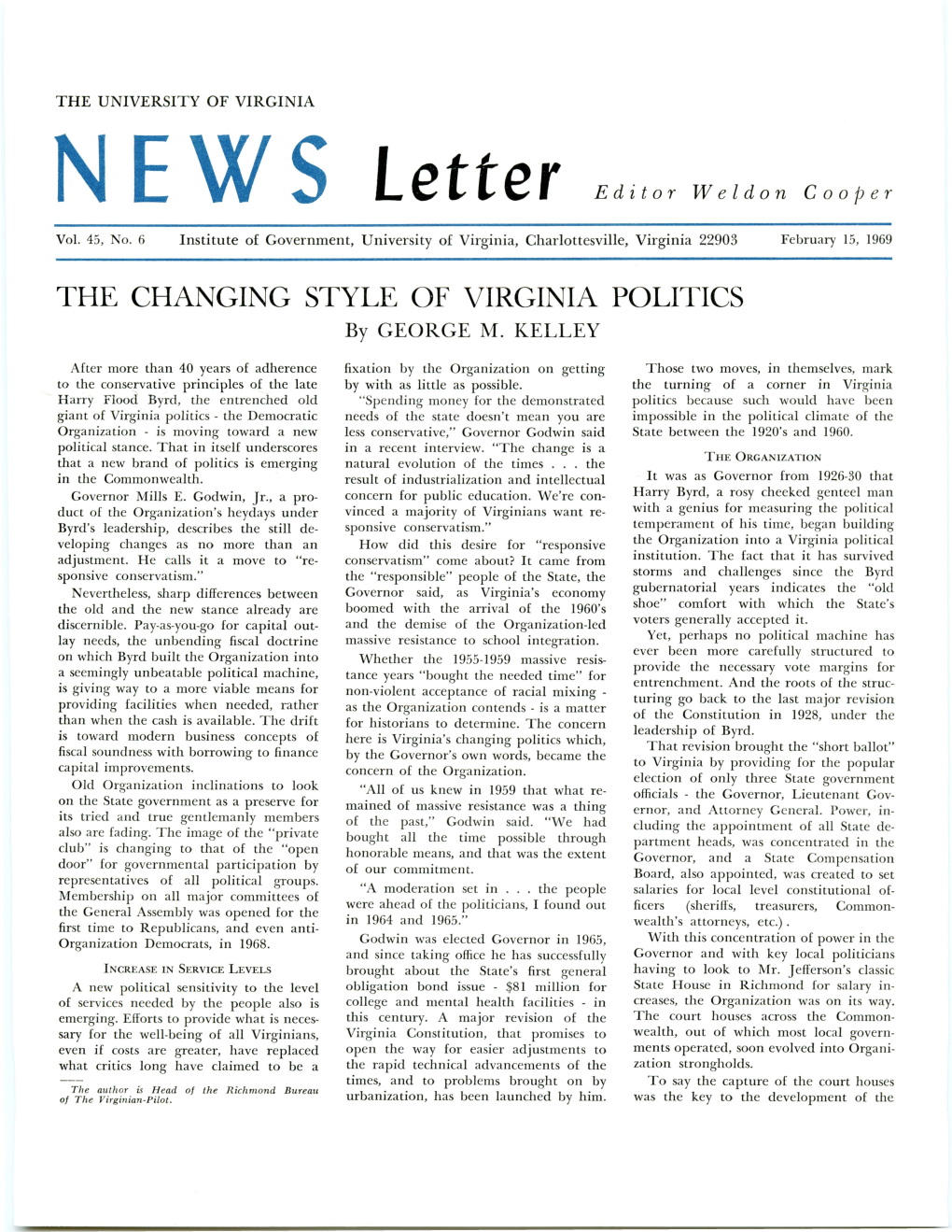 THE CHANGING STYLE of VIRGINIA POLITICS by GEORGE M