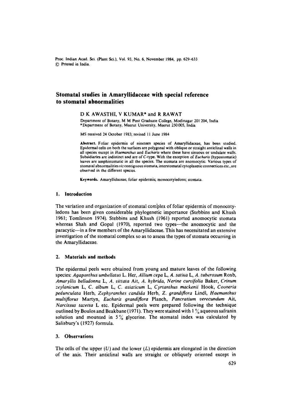 Stomatal Studies in Amaryllidaceae with Special Reference to Stomatal