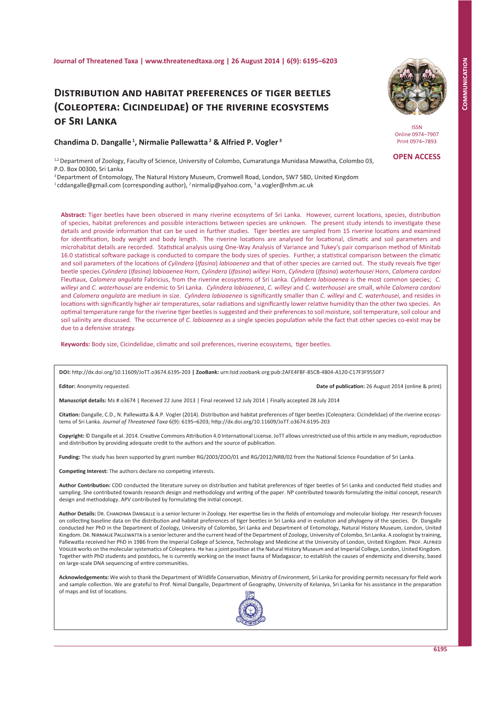 Distribution and Habitat Preferences of Tiger Beetles (Coleoptera: Cicindelidae) of the Riverine Ecosys- Tems of Sri Lanka