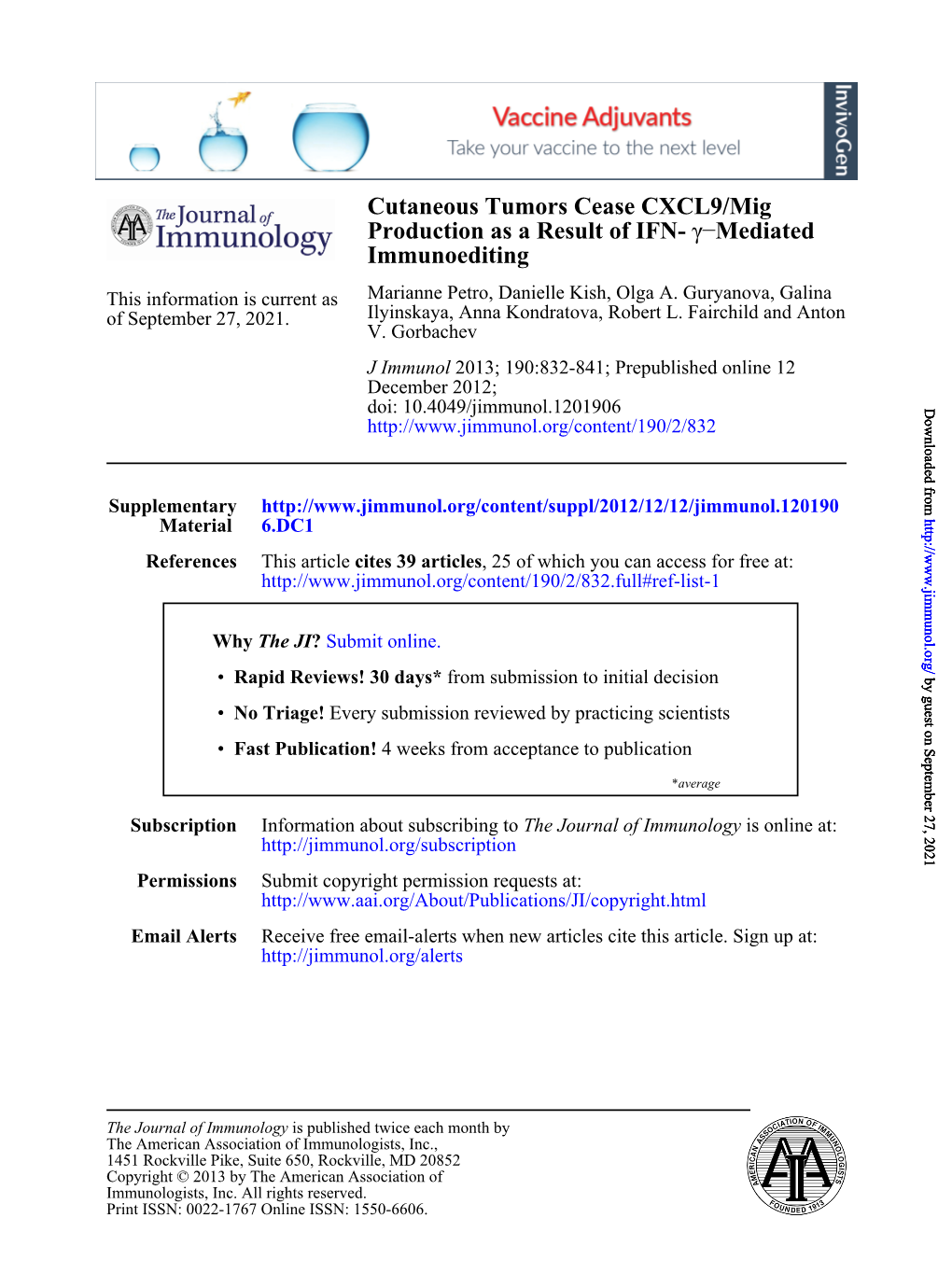 Cutaneous Tumors Cease CXCL9/Mig Production As a Result of IFN- −Γ Mediated Immunoediting