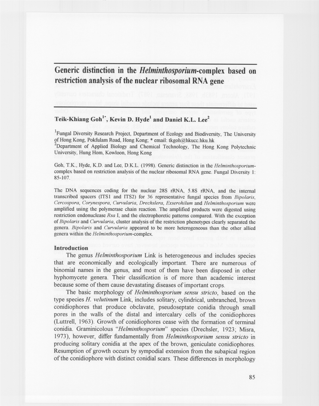 Generic Distinction in the Helminthosporium-Complex Based on Restriction Analysis of the Nuclear Ribosomal RNA Gene