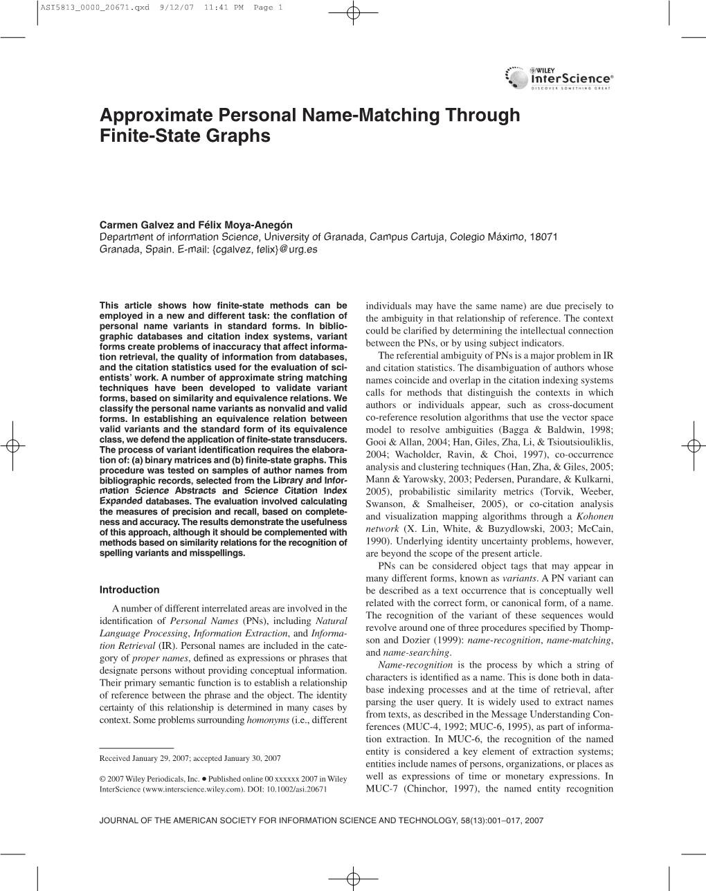 Aproximate Personal Name-Matching Through Finite-State Graphs